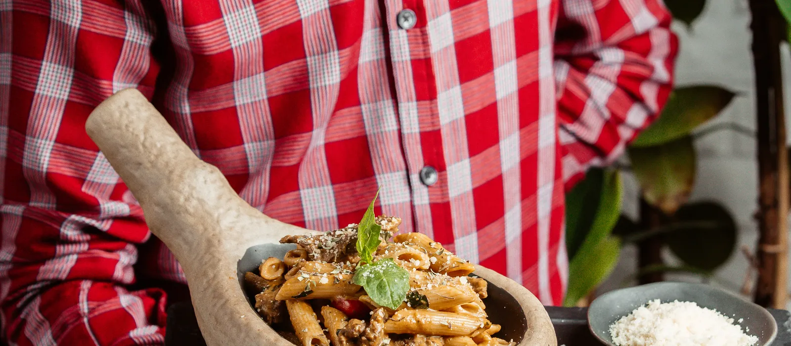 Penne pasta with cream herbs meat