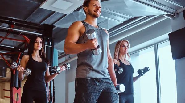 Group people exercising with dumbbells fitness club gym
