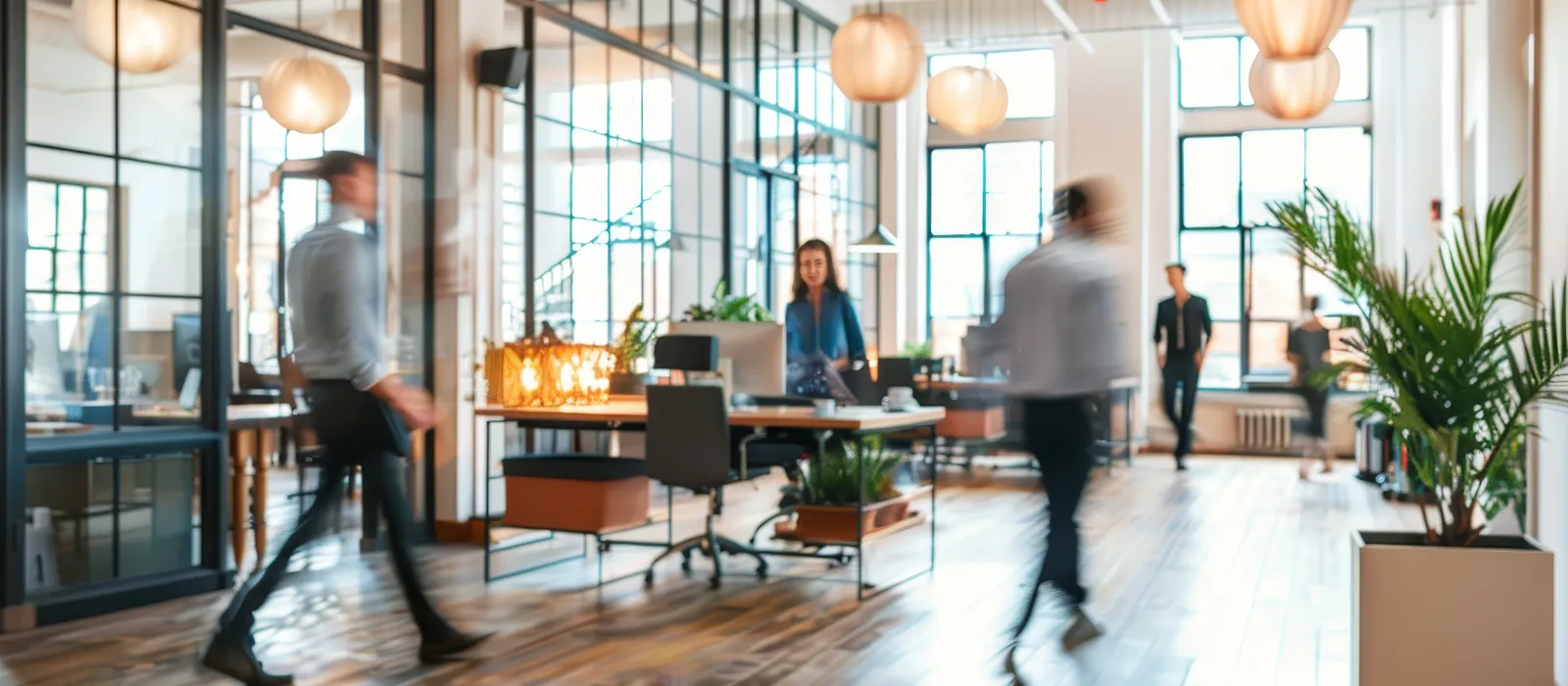 Vibrant modern office with dynamic people motion creating lively workplace atmosphere