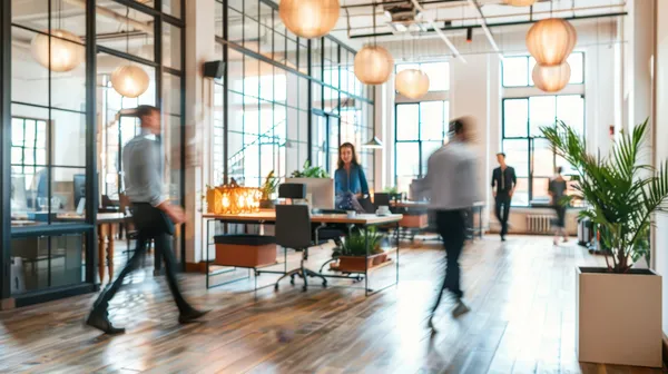 Vibrant modern office with dynamic people motion creating lively workplace atmosphere